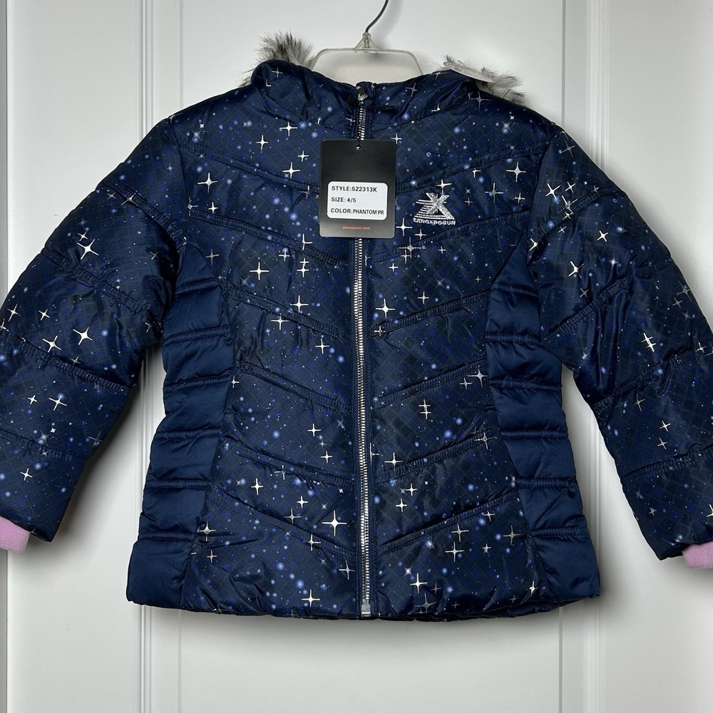 ZeroXposur Girls' Navy Blue Galaxy‎ Star Print Faux Fur Hood Puffer Jacket